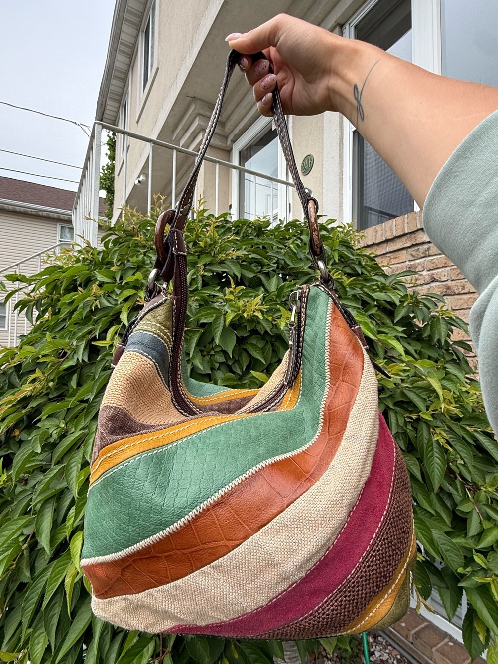 Vintage Fossil Y2K Patchwork Hobo Crescent Bag Leather Suede Boho Shoulder Purse